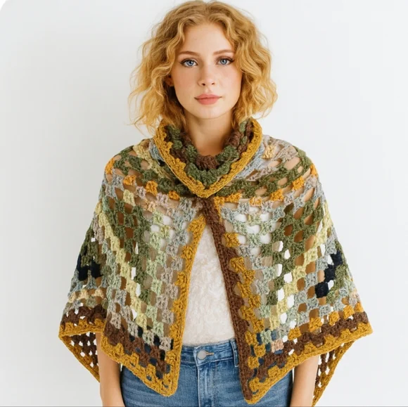 12-in-1 Granny Square Unique Shawl Cape Multicolor Crochet Wrap Fall Layering - Picture 9 of 17